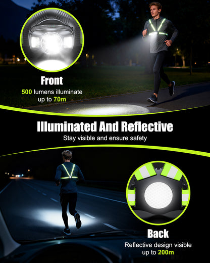 Dawinga Running Lights for Runners, 500 Lumens Running Light with 45° Adjustable Beam, Rechargeable Reflective Vest for Night Walking/Cycling/Jogging/Hiking