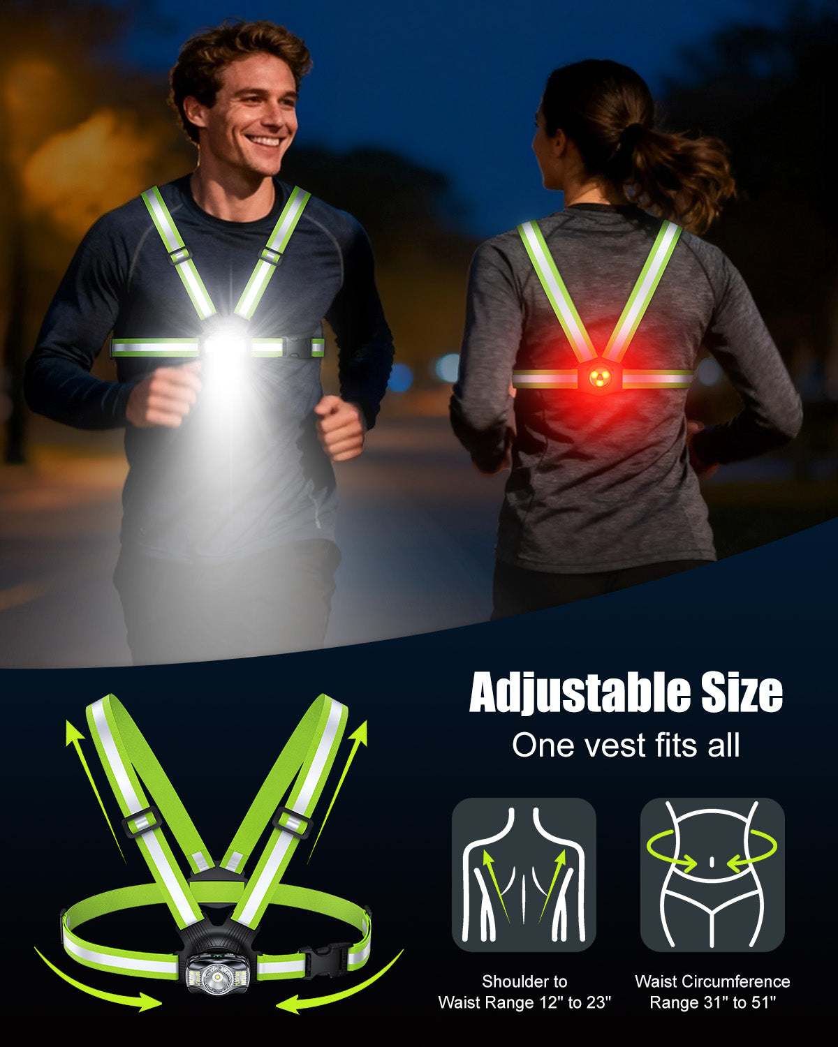 Running Lights for Runners, 500 Lumens Running Light with 45° Adjustable Beam, Rechargeable Reflective Vest for Night Walking/Cycling/Jogging/Hiking